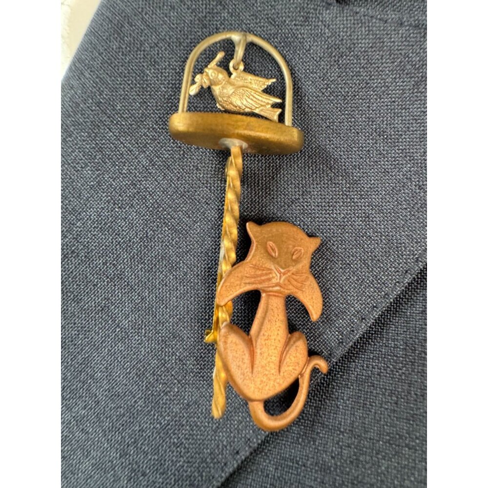 Vintage Brass Cat & Bird Brooch 3 Inches Long